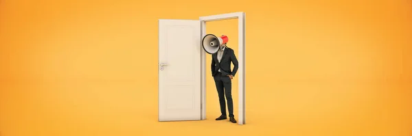 Hombre Negocios Con Megáfono Lugar Cabeza Entrada Una Puerta Renderizado — Foto de Stock