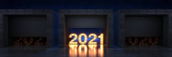 シャッタードアやローリングドア マーキーライト2021レターサイン 新年2021 3Dレンダリング — ストック写真
