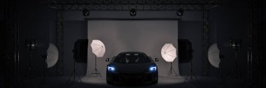 Spor arabalı fotoğraf stüdyosu. 3d oluşturma