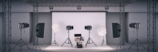 Φωτογραφικό Στούντιο Κινηματογραφική Ιδέα Καρέκλα Σκηνοθέτη Και Ταινία Απόδοση — Φωτογραφία Αρχείου