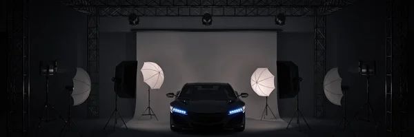 Estudio Fotográfico Con Coche Deportivo Renderizado — Foto de Stock