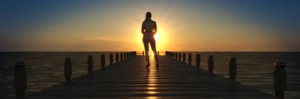 Wooden Bridge Sunset Business Woman Rendering — Stock Photo, Image