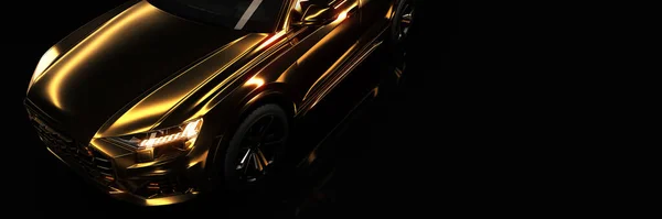 黄金のスポーツカー 黄金の背景にスタジオのセットアップ 3Dレンダリング — ストック写真