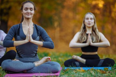 İki genç yoga uygulayıcıları Park Yoga egzersizleri yapıyor. Kadın meditasyon açık güzel sonbahar doğa infront. El coseup, seçici odak.