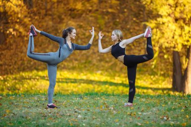 Grup Genç kadını sonbahar Şehir Parkı yoga egzersizleri yapıyor. Sağlık yaşam tarzı kavramı.