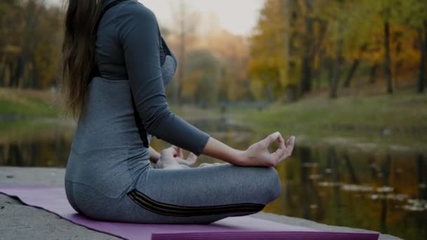 Mujer joven practicando yoga al aire libre. Mujer meditar al aire libre frente a la hermosa naturaleza otoñal . — Vídeo de stock