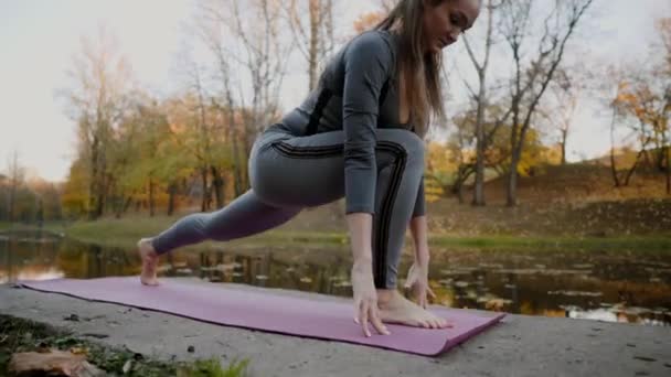 Mujer joven haciendo ejercicios de yoga en el parque de otoño de la ciudad. Concepto estilo de vida . — Vídeos de Stock