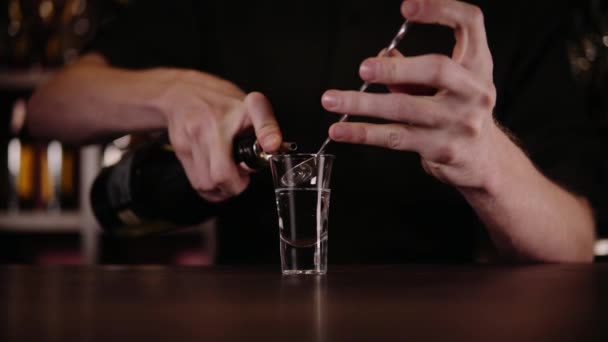 Cantinero haciendo coctel de alcohol en el restaurante. Experto barman está agregando ingrediente cóctel en el club nocturno . — Vídeos de Stock