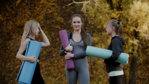 Groep van jonge vrouwen voorbereiden van yoga-oefeningen in het najaar stadspark. Gezondheid levensstijl concept. — Stockvideo