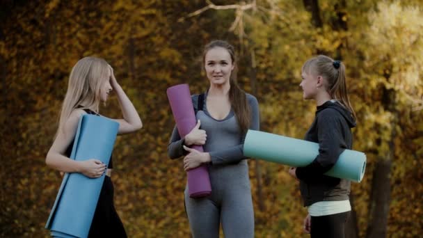 Grupo de mujeres jóvenes que se preparan para ejercicios de yoga en el parque de otoño de la ciudad. Concepto estilo de vida . — Vídeo de stock