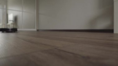 Bir robot elektrikli süpürge modern bir oturma odası boyunca slaytlar. 4k