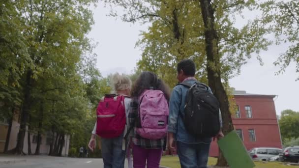 Tre amici con gli zaini vanno a scuola. Vista posteriore del gruppo razziale misto dei capretti della scuola che camminano giù la via. Colpo al rallentatore . — Video Stock