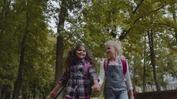 Trois amis avec des sacs à dos vont à l'école. Groupe racial mixte d'écoliers marchant dans le parc se tenant la main. Prise de vue au ralenti . — Video