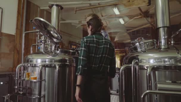 Family business concept. Male and female working with brewing machine at small beer plant. — Stock Video