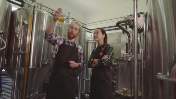 Pracownicy browaru patrzą na świeżo wykonane piwo w szklanej rurce i omawiają ją. Mężczyzna i kobieta Piwowarski testowanie piwa w fabryce browaru. 4K. koncepcja małej firmy. — Wideo stockowe