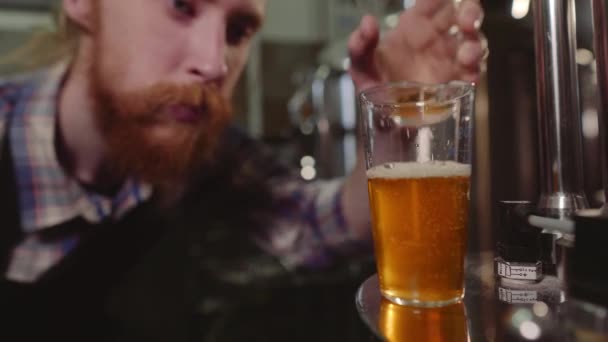 Fechar cervejeiro macho testar cerveja na fábrica de cervejaria. 4K. Conceito de pequenas empresas . — Vídeo de Stock
