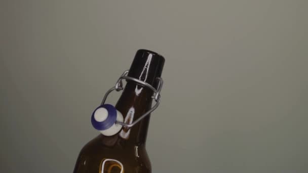 Close up hads clinking glasses with beer bottles against white background. Slow Motion Shot. — Stock Video