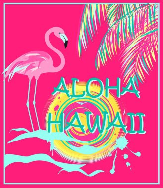 Pembe poster Aloha Hawaii yazı ile neon palmiye yaprakları, flamingo ve güneş