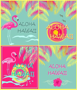 Yazlık moda varyasyon zekâ Aloha Hawaii yazı yazdırır, palmiye yaprakları, Güneş, martı, ebegümeci ve pembe flamingo. Düz tasarım