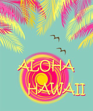 T gömlek moda Aloha Hawaii yazı ile yazdırma, palmiye yaprakları, martı ve güneş. Düz tasarım