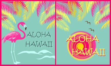T gömlek moda varyasyon zekâ Aloha Hawaii yazı, palmiye yaprakları, Güneş, martı ve pembe flamingo yazdırır. Düz tasarım