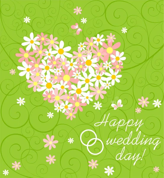 Wedding Green Card Pink White Daisy Bouquet Heart Shape Wishes — Stock Vector