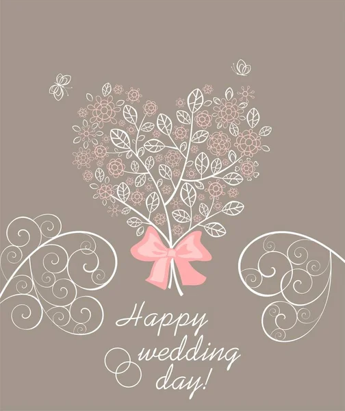 婚礼问候柔和的卡片与美丽绽放装饰花边树与粉红色的花在心脏形状 — 图库矢量图片