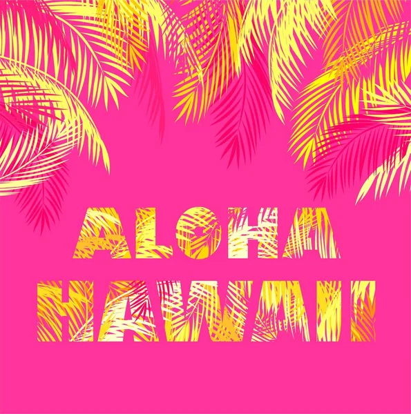 Aloha Hawaii yazı t-shirt baskı ile sarı palmiye yaprakları, pembe arka plan