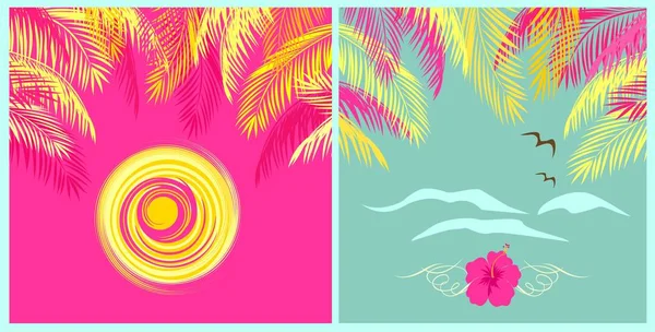 Letni Miętowy Kolor Różowy Tła Liści Palmowych Słońce Mewa Hibiscus — Wektor stockowy