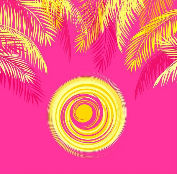 Summery Shirt Print Yellow Palm Leaves Hot Sun Pink Background — Stock Vector