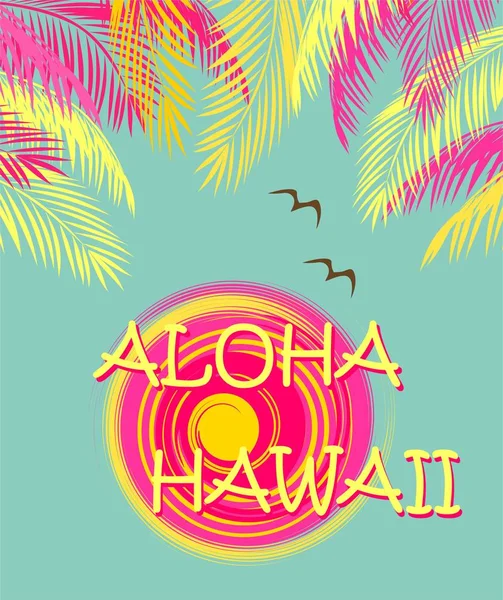 T恤时尚打印与夏威夷的字体 棕榈叶 海鸥和太阳 平面设计 — 图库矢量图片