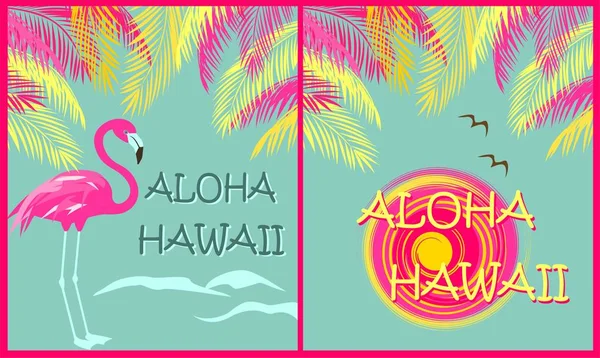 Shirt Mode Imprime Variation Avec Lettrage Aloha Hawaï Feuilles Palmier — Image vectorielle