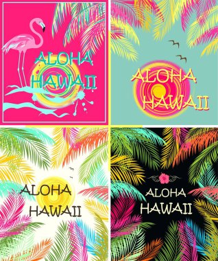 Yazlık moda t gömlek varyasyon zekâ Aloha Hawaii yazı yazdırır, palmiye yaprakları, Güneş, martı, ebegümeci ve pembe flamingo. Düz tasarım