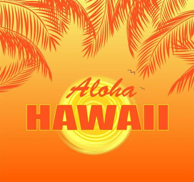 T-shirt baskı Aloha Hawaii yazı, Güneş ve turuncu palm ile sıcak sarı zemin üzerine bırakır