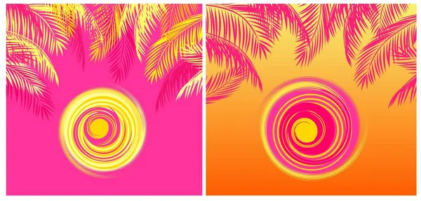 シャツ トロピカル ピンクとオレンジ色の背景に黄色とピンクのヤシの葉と熱い太陽変動を印刷します — ストックベクタ