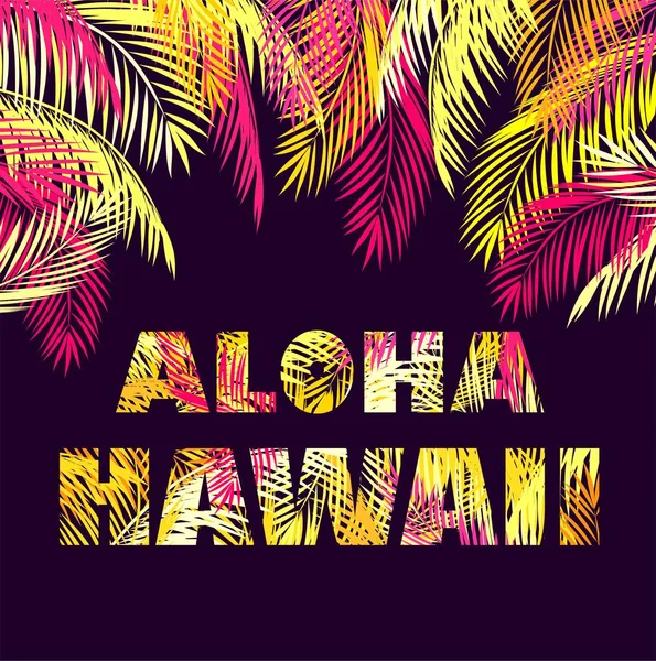 T恤印花与阿罗哈夏威夷字母与黄色和粉红色的棕榈叶在黑暗的背景 — 图库矢量图片