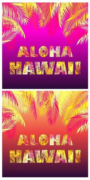 Shirt Aloha Hawaii Yazı Ile Sarı Turuncu Pembe Palmiye Yaprakları — Stok Vektör
