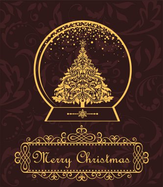 Vintage çerçeve ile sezon tebrik ve Noel küre çiçek ile altın xmas ağacı ve kar yağışı kesip