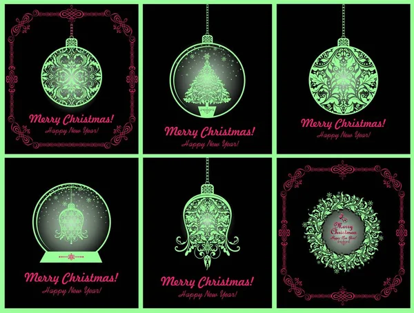 Magische Kerst Vintage Kaarten Collectie Met Hangende Bloemen Neon Uitgesneden — Stockvector