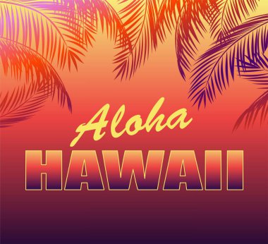 Aloha Hawaii yazı ve palm ile neon tropikal arka plan siluetleri t gömlek, gece parti poster ve diğer tasarım için yaprakları