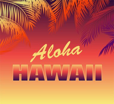 Aloha Hawaii yazı ve palm ile neon arka plan siluetleri t gömlek, gece parti poster ve diğer tasarım için yaprakları