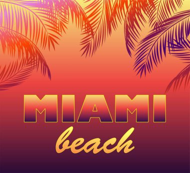 Siluetleri t gömlek, gece parti poster ve diğer tasarım için Neon arka plan ile Miami beach yazı ve palmiye yaprakları