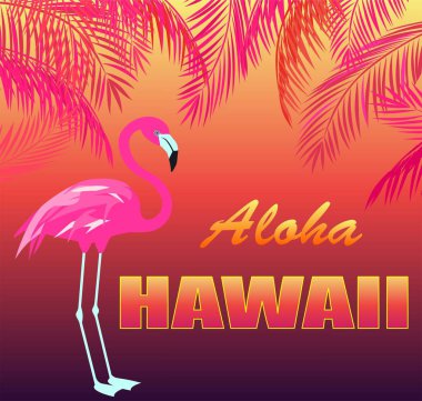 T gömlek sıcak tropikal Yazdır Aloha Hawaii yazı ile flamingo ve turuncu ve pembe palm siluetleri bırakır.
