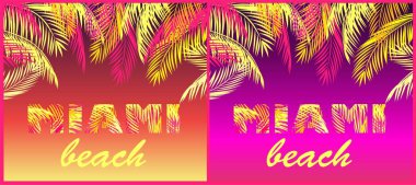 T gömlek parti sarı ile Miami beach yazı ile varyasyon yazdırır ve neon arka plan üzerinde pembe palmiye yaprakları