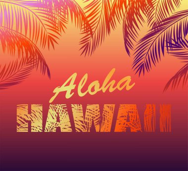 Aloha Hawaii yazı ve palm tropikal neon arka plan siluetleri t gömlek, gece parti poster ve diğer tasarım için yaprakları