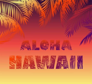 Siluetleri t gömlek, gece parti poster ve diğer tasarım için tropikal neon arka plan ile çiçek Aloha Hawaii yazı ve palmiye yaprakları