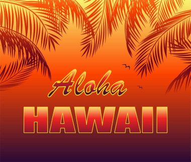 T-shirt sıcak tropikal Aloha Hawaii yazı, martı ve turuncu palmiye yaprakları siluetleri gece arka planda yazdırma