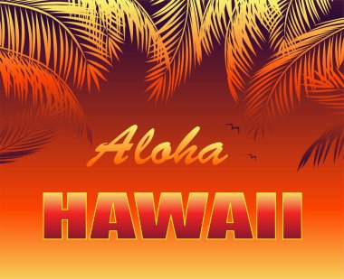 T-shirt sıcak tropikal Aloha Hawaii yazı, martı ve turuncu palmiye yaprakları ile yazdırma
