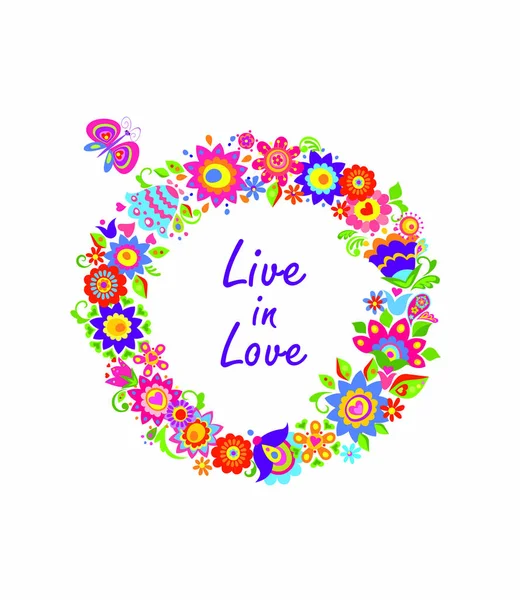 Flowers Hippie Wreath Live Love Lettering — Stock Vector