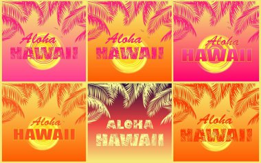 T gömlek turuncu ve pembe yazdırır Hindistan cevizi hurma yaprakları, Aloha Hawaii yazı, martı ve sarı güneş ile varyasyon